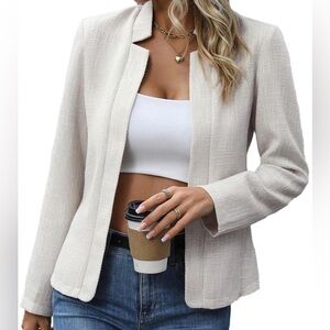 NWT Mina Self Sz L Blk Boucle Textrd Tweed Open Front Shldr Pads Seaming Blazer